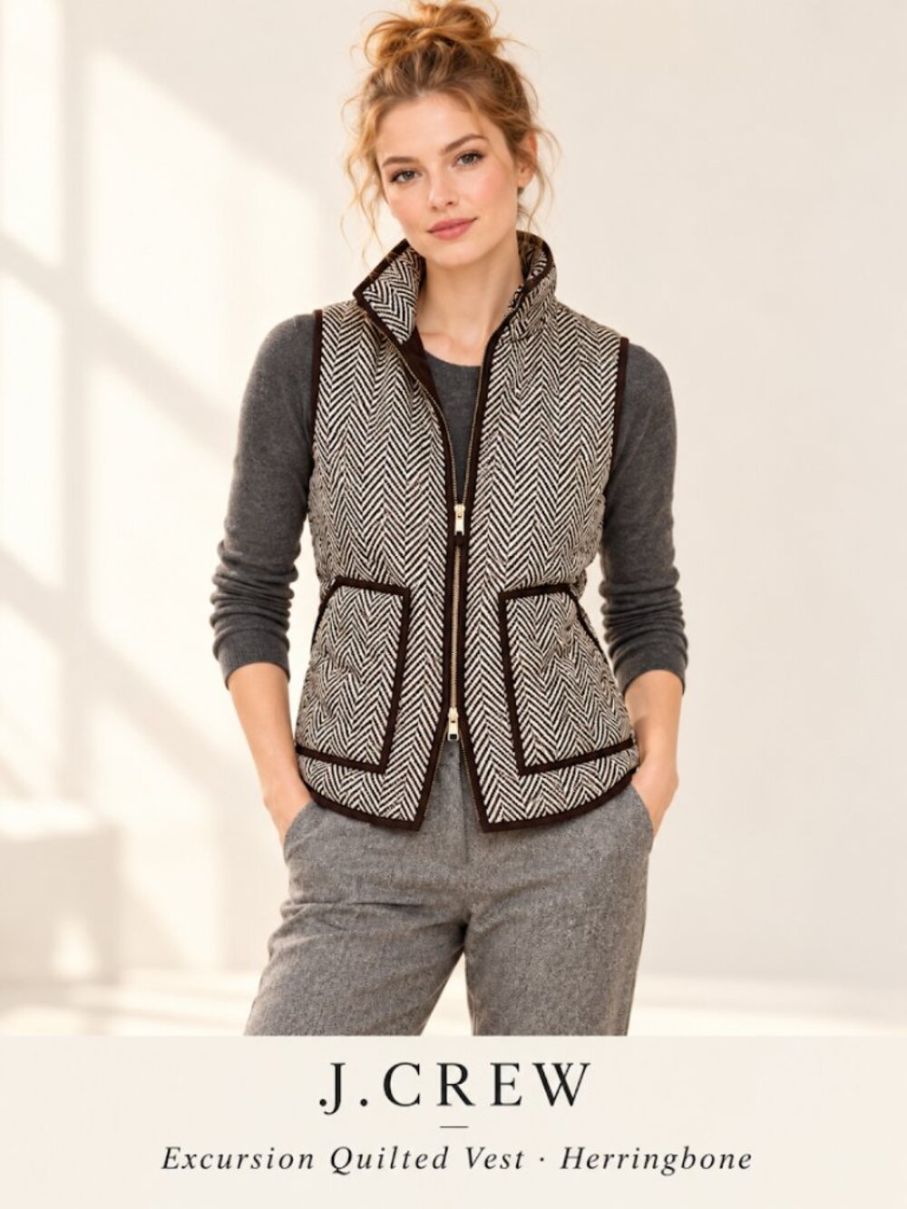J.Crew Excursion Quilted Herringbone Vest with Contrast Trim